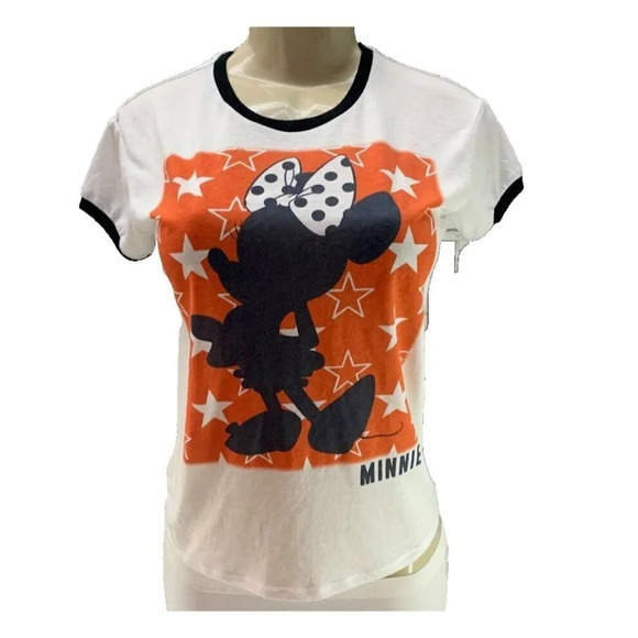 Disney S White Minnie Mouse Red Graphic Black Accent Short Sleeve Ringer Tee - Picture 2 of 6